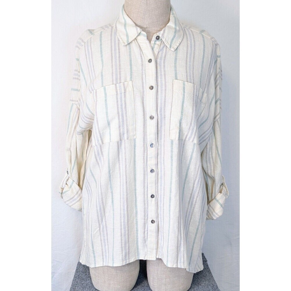 Cable & Gauge Studio Linen Blend Button Front Shirt XL NWT Striped Hi Low NWT